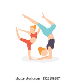 Vector flat illustration mom and daughter lead an active lifestyle engaged in physical exercise fitness do physical exercise mom teaches your baby to lead a healthy lifestyle morning exercises.