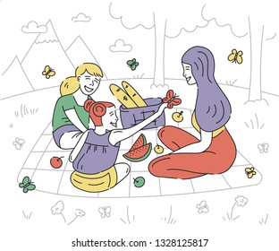 Vector flat illustration. Mom and daughter in nature. Picnic camping in the mountains took with them food on the bedding in the forest. Butterflies are caught. Happy people spend time together.