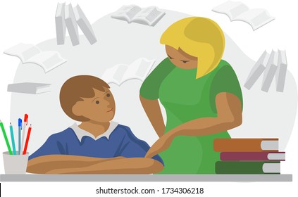 Vector flache Illustrationsmutter mit ihrem Sohn macht Hausaufgaben