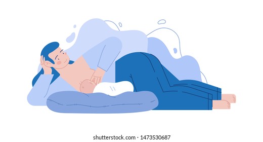 Vector Flat illustration  - Mother breastfeeding her newborn baby - lying on her side. Cartoon design.