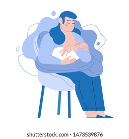 Vector Flat illustration  - Mother breastfeeding her newborn baby - sitting in the armchair with pillow for pregnant. Cartoon design.