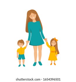 Vector flat illustration of mother with children. Funny mummy with son and daughter holding hands and smiling. Family spending good time together. Concept design of cartoon cute characters isolated 