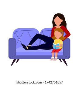 Vector flat illustration of mother and daughter on the couch. Quarantine