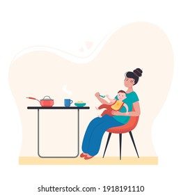 Vector flat illustration mother holds the baby in her lap and spoon feeds porridge.