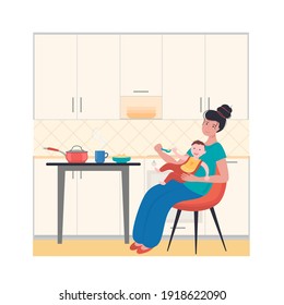 Vector flat illustration mother holds the baby in her lap and spoon feeds porridge. Flat kitchen design in home. Cartoon emotional illustration.