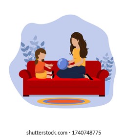 Vector flat illustration of a mother who plays with her daughter. Happy family leisure. Stay at home. Isolated background