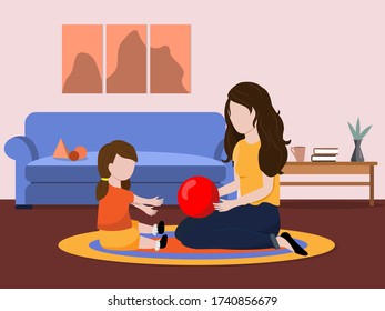 Vector flat illustration of a mother who plays with her daughter. Happy family leisure. Stay at home