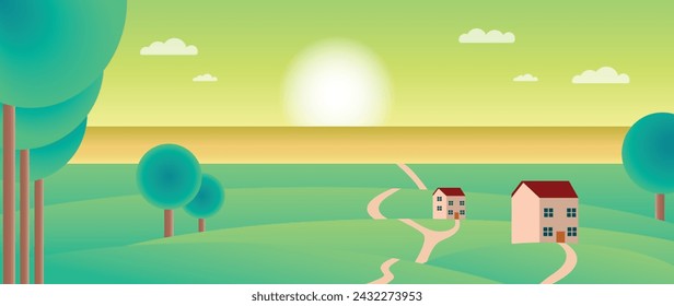 Vector flat illustration. Mountain landscape. Cartoon style. Meadows, forest, picturesque, mountains on the background of the horizon. Perfect for screensavers.