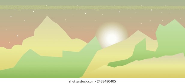 Vector flat illustration. Mountain landscape. Cartoon style. Meadows, forest, picturesque, mountains on the background of the horizon. Perfect for screensavers.