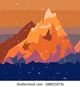 Vector flat illustration of a mountain in sunset lights and with snow falling, made in orange and blue colors.