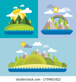 Ilustración vectorial plana de montañas y colinas junto al mar o el océano. Hermosos paisajes de verano.