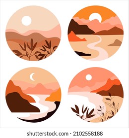 Vector flat illustration with mountains, sun and plants