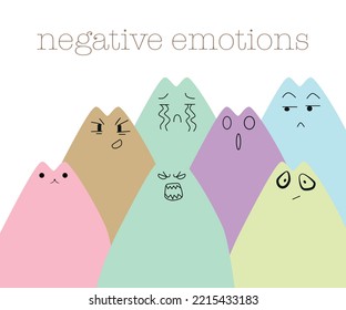 Vector flat illustration. Multicolored cats with negative emotions. Cartoon concept. Isolated on white background.