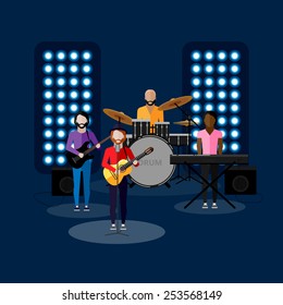 vector flat illustration of a music band on stage. performance or entertainment show 