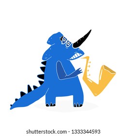 Vector flat illustration. Music festival animal. Dinosaur with trumpet.