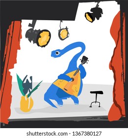 Vector flat illustration. Music festival animal. Dinosaur with balalaika.