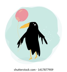 Vector flat illustration. Music festival animal. Cartoon bird. Crow with balloon.