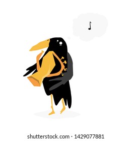 Vector flat illustration. Music festival animal. Cartoon bird with trumpet. Crow.