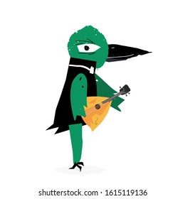Vector flat illustration. Music festival animal. Cartoon bird with balalaika.
