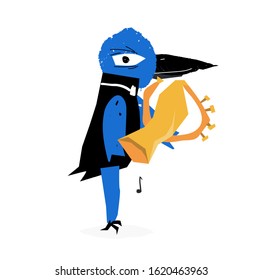 Vector flat illustration. Music festival animal. Cartoon bird with trumpet.