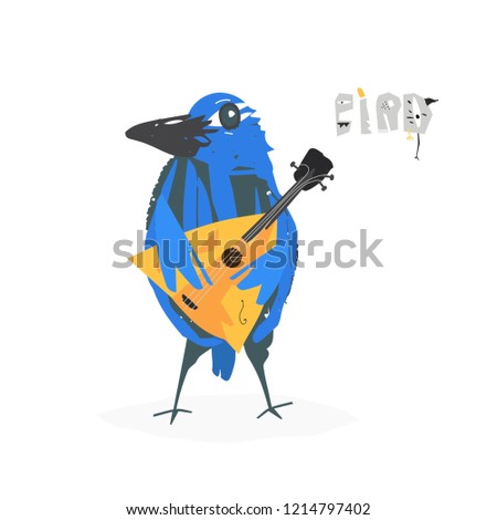 Vector flat illustration. Music festival animal. Cartoon bird with balalaika.