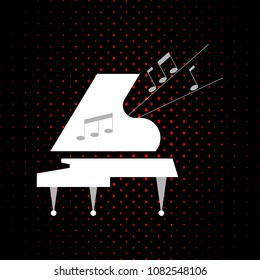 Vector flat illustration of musical instrument. White Grand piano on a black background. Ideal for catalogs, information, piano lessons, concerts or music store.