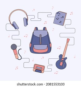 Vector flat illustration of musician's backpack for website page template, banner, poster, flyers. Hand-drawn music elements: guitar, music notes, microphone, headphone, notes, cassette.