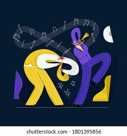 Vector flat illustration musicians who perform on stage and play jazz on saxophone and trumpet. Concept of music festivals, retro music, performances, concerts, classics.