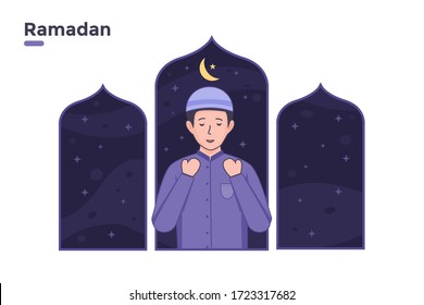 ilustración vectorial musulmanes islam personas rezando en el día del ramadán nocturno con estrellas y cielo lunar con elemento islámico. hombre reza a Dios en el concepto de ramadán. puede usar el afiche de banner web infographic ui.