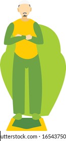 Dibujo vectorial plano de un hombre musulmán que lleva traje amarillo y verde sobre un tapete durante una oración