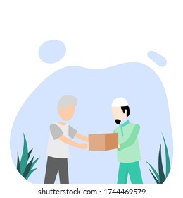 Vector flat illustration of muslim man donating to poor people. Donation and charity concept.