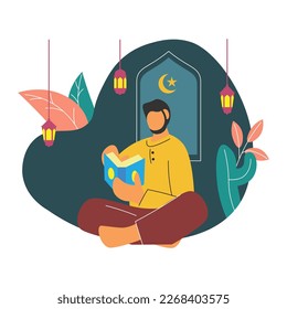 Vector flat illustration of muslim man reading holy quran. ramadan kareem. muslim people.