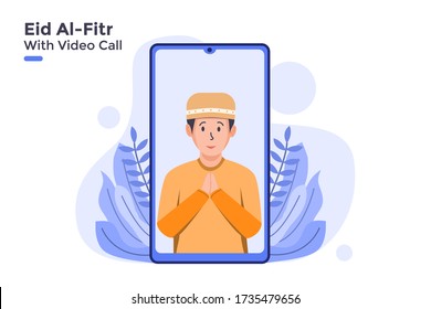vector flat illustration muslim people greeting happy eid al-fitr mubarak with video call in smartphone mobile application concept. ramadan online teleconference. 