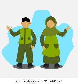 Vector flat illustration: Muslim school children in green uniforms waving hands to their friends