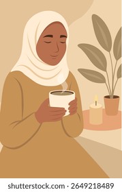 Vector flat illustration of Muslim woman in hijab sitting with cup of tea in cozy home atmosphere. Self-care aesthetics, warm colors, aromatherapy and candles. Use for women's projects