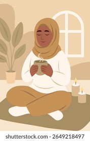 Vector flat illustration of Muslim woman in hijab sitting in yoga pose with cup of tea in cozy atmosphere. Self-care aesthetics, warm colors, aromatherapy and candles. Use for women projects