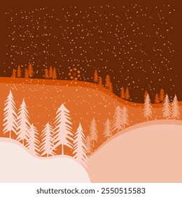 vector flat illustration of natural scenery snowfall, fir tree elements, minimalist design