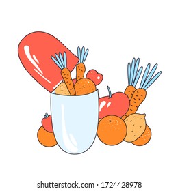 Ilustración vectorial plana de elementos naturales vitales a partir de alimentos sanos - frutas, verduras en una cápsula medicamentosa. Farmacología de Medicina y Concepto de Salud Humana