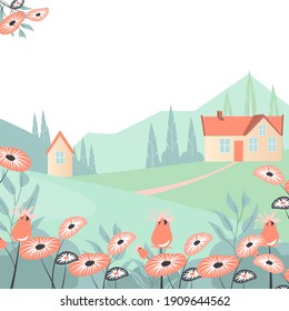 Vector flat illustration of nature with a house.