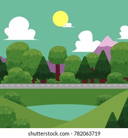 Vector flat illustration of nature landscape. Summer picture with white clouds, trees, mountains, lake and road. Peaceful, beautiful wallpaper, background for your design.