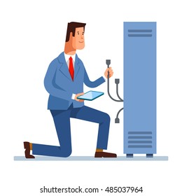 Vector Flat Illustration Of Network Engineer Administrator Working With Hardware Equipment Of Data Center. Admin And Server Rack Networking Service Isolated Background