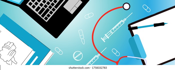 Ilustración vectorial plana del lugar de trabajo del neurólogo o terapeuta, vista superior. Mostrando las manos del médico, hoja en blanco, libro de texto, portátil, fonendoscopio. Neurología conceptual, flujo de trabajo terapéutico.