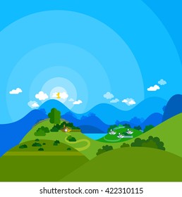 Vector flat illustration of New Zealand. Green hills, valley. Summer landscape.