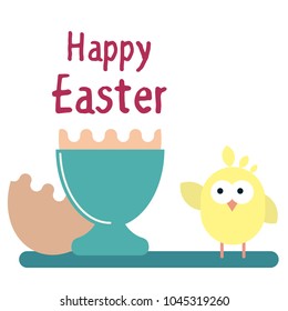 Vector flat illustration of newborn chicken with the egg shell in the egg stand. Easter greeting card template.