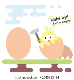 Vector flat illustration of newborn chicken. Easter card template.