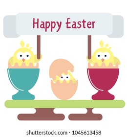 Vector flat illustration of newborn chickens in the egg shells in the egg stands. Easter greeting card template.