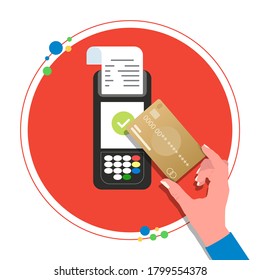 Vector flat illustration of nfc payment on a terminal. Mobile payments with a smart phone. Pos terminal with smartphone payment. Safe shopping. Holding phone with one hand. Contactless payments.