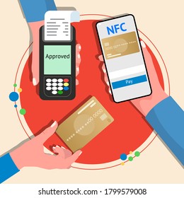 Vector flat illustration of nfc payment on a terminal. Mobile payments with a smart phone. Pos terminal with smartphone payment. Safe shopping. Holding phone with one hand. Contactless payments.