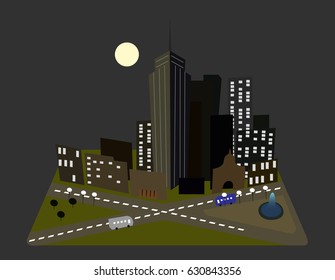 Vector flat illustration of night city landscape