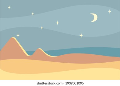 Ilustración plana vectorial: desierto nocturno. Cielo oscuro y nebuloso, luna y estrellas. Horizonte azul profundo, arena beige cálida, dunas o montañas con focos de luz lunar. Diseño para tarjeta, afiche, imagen interior.